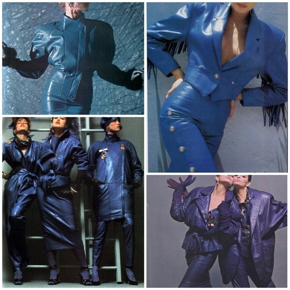 MICHAEL HOBAN NORTH BEACH VINTAGE 90S LEATHER BLUE CROP JACKET SKIRT SET SUIT - Picture 16 of 16